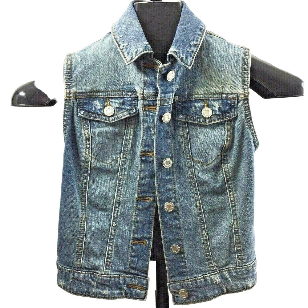 Womens XS Distressed Jean Vest Grunge Festival‎ Medium Wash Denim Button Up